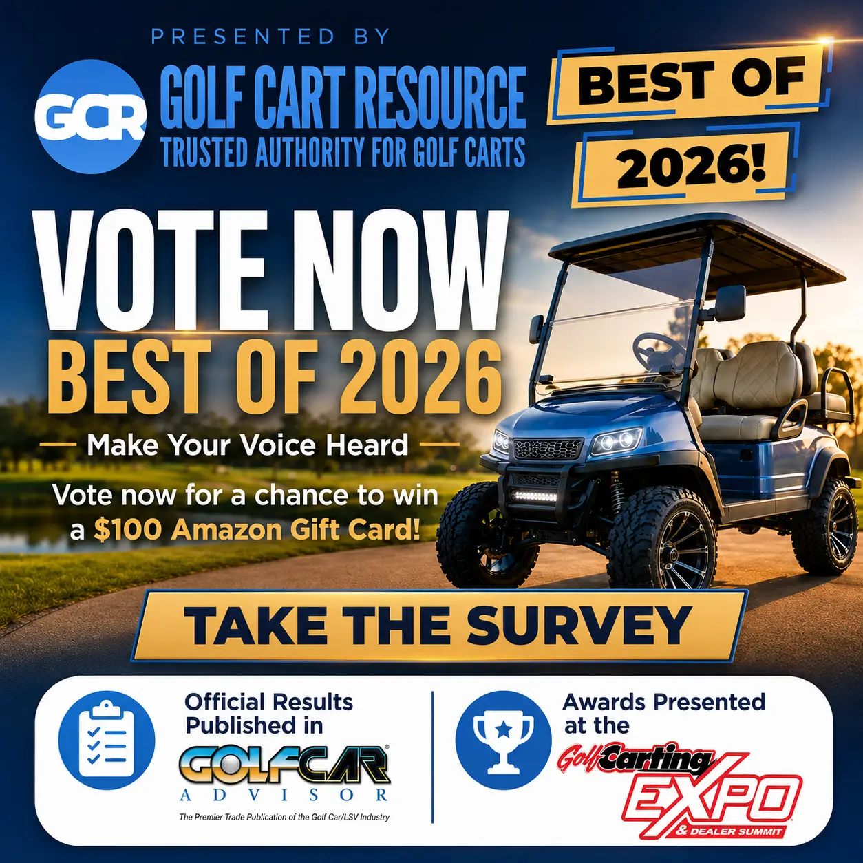 best of Golf Cart 2026 - choose your favorite golf cart companies and be entered to win $100 Amazon Gift Card